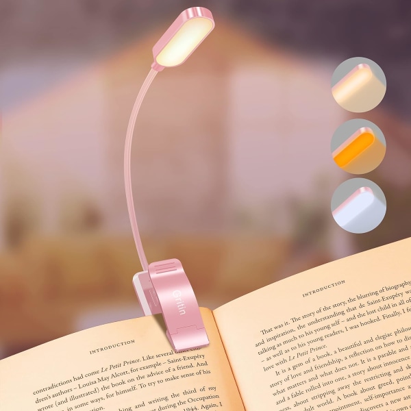 Gritin 9 LED oppladbart boklys Reading Clip Light Rosa