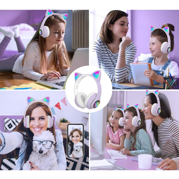 Lilla-Bluetooth-hovedtelefoner, der kan foldes med LED-lys-Lilla Trådløse Over-Ear-hovedtelefoner med mikrofon, Bluetooth Cat Ear-hovedtelefoner til børn Teenagere A Purple