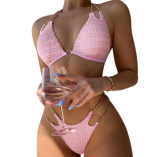 Ring Linked Chain Bikini Tie High Waisted Slim Fit Two Piece Bikini Ring Swimsuit for Women Pink M