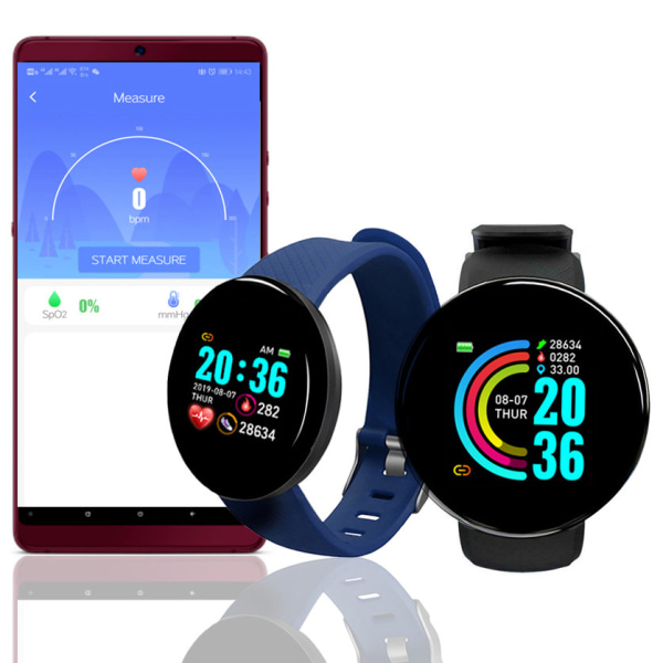 D18 Smart Armbånd Farge Rund Skjerm Hjertefrekvens Blodtrykk Søvnovervåking Skritteller Sports Smart Watch 1,44 tommer blå