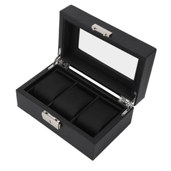 YQ 3-fags urkasse med lås, lille PU-læder ur- og smykkeskrin med gennemsigtigt låg til mænd og kvinder, armbånd, sort