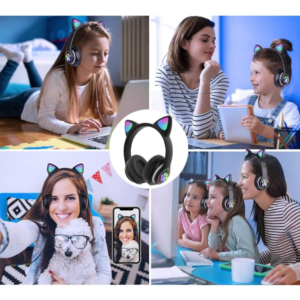 Blå-Bluetooth-hörlurar hopfällbara med LED-ljus-Lila Trådlösa Over-Ear-hörlurar med mikrofon, Bluetooth Cat Ear-hörlurar för barn Tonåringar Adu Blue