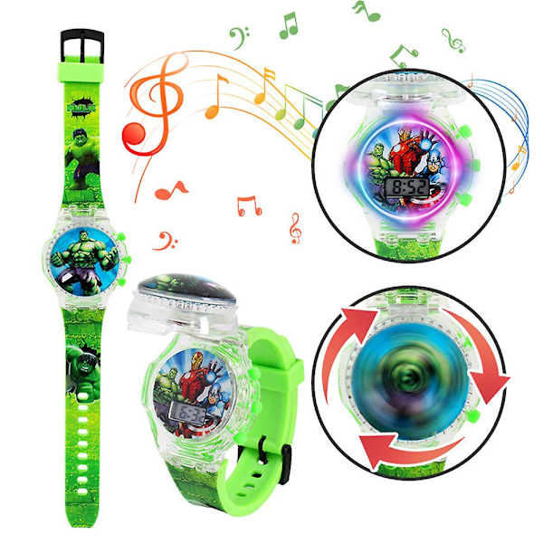 Lasten piirretty hahmo kello Lapset vilkkuvat valot ylös hehkuva digitaalinen musiikillinen kello pyörivä huippu flip cover rannekello [Db] Minnie Hulk