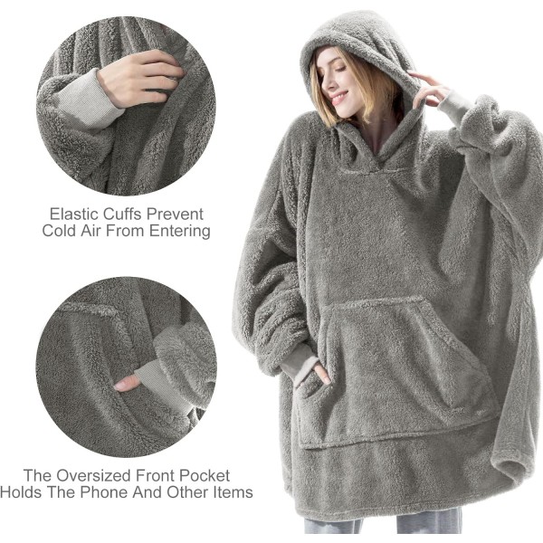 Hoodiefilt, Oversized Sherpa Hoodie, Bärbar Hoodie Sweatshirt Filt, Super Soft Warm Mysig filt Hoodie, One Size Passar Alla Vuxna grey