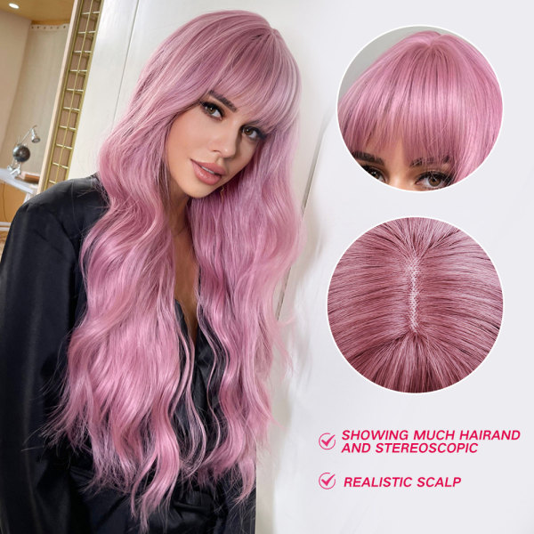 Lang rosa parykk med smell Naturlig syntetisk hår Bølget parykk til