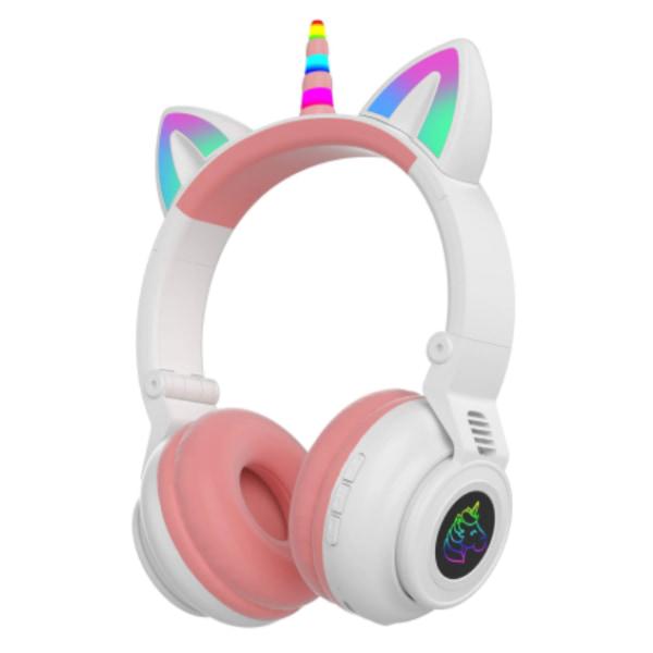 Söta tecknade kattöron skinande trådlös subwoofer Unicorn Headset Bluetooth Headset (rosa vit)