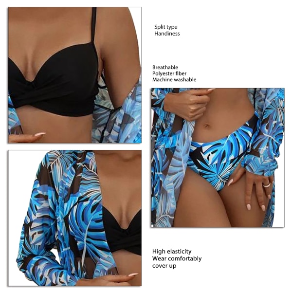 Kvinnors 3-delade bikini med blommigt tryck, spaghettiband, baddräkt med cover-up för stranden, blå, L