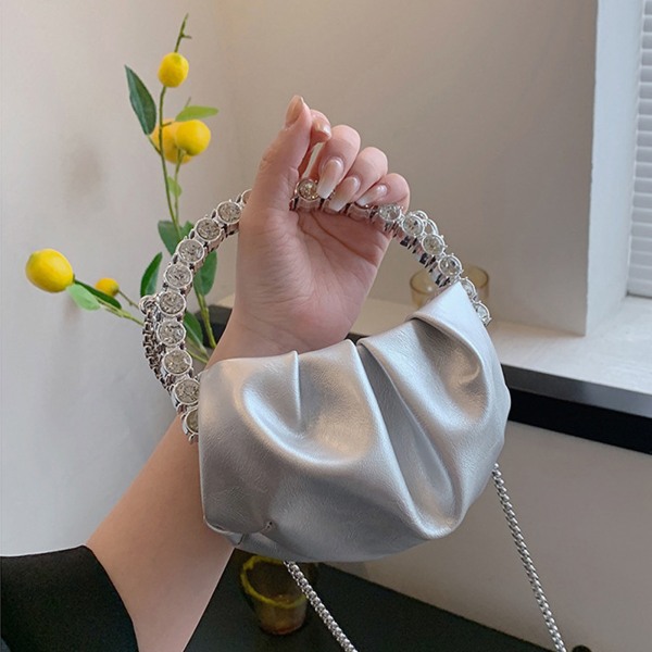 Lille skulderhåndtaske Mode PU Rhinestone Dekorativ Komfortabel bærbar skulderhåndtaske til fest Sølvfri størrelse