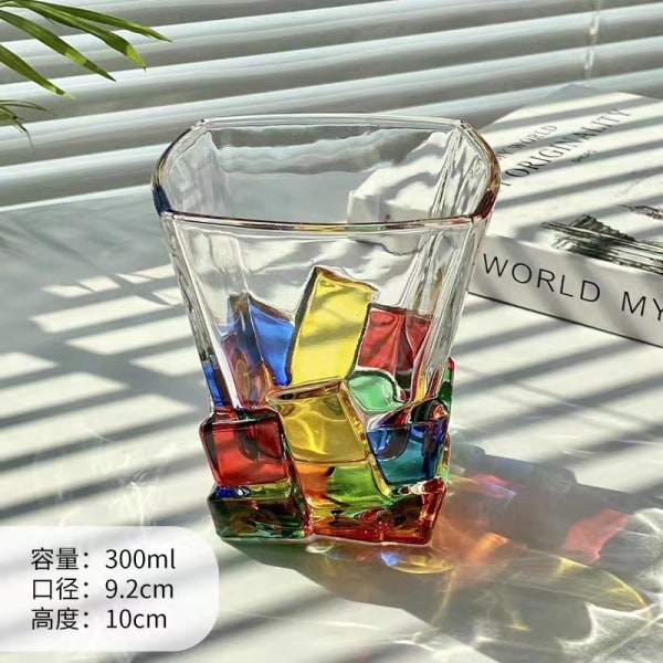 Colored glass cup color block irregular water cup cold drink juice cup summer home rainbow drinking cup 301-403ml Hand drawn ice cubes