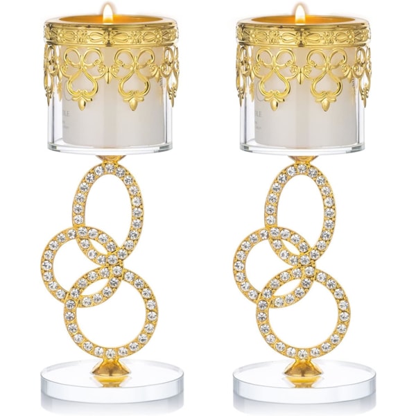 2-delte lysestager i krystal og guld, med 3-ringe besat stilk og strass, votivlys og fyrfadslys, højde 17,5 cm