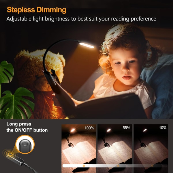 Oppladbart boklys for sengelesing - øyesikker 3 fargetemperaturer, 80 timers kjøretid, lett og fleksibelt boklys for barn svart