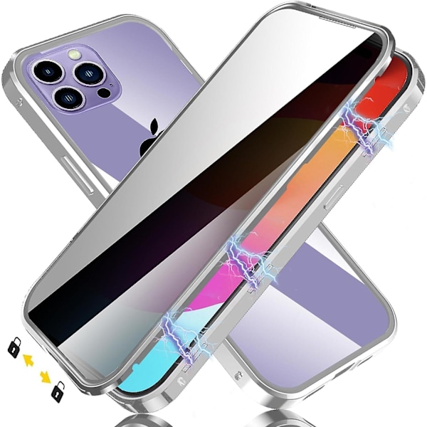 Sekretess Magnetiskt Skal För iPhone 15 Pro Max Med Lås, Anti-Peeping Magnetiskt Härdat Glas Dubbelsidigt Mobilskal Silver Ingen