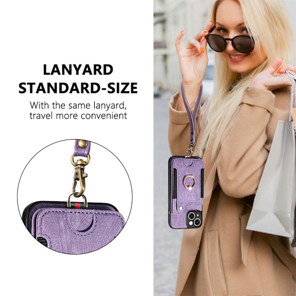 Egnet for iPhone mobiltelefon skinnveske RFID anti-tyveri børste ring spenne lanyard multifunksjons kortholder Light Purple [With Leather Lanyard]] iPhone 16