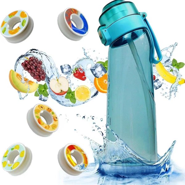 Sports Air Flavor Pods Vannflaskesett, 650 ML Frukt Scent Up Drikkeflaske med 5 Flavor Pods, BPA Free%0 Sugar Sports Water Cup Transparent blå +5 ringar