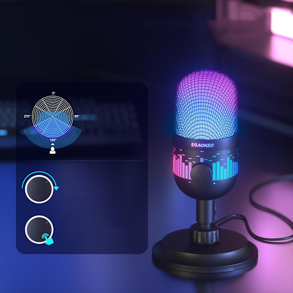 USB-mikrofon, AK-1i spillmikrofon for PC, Mac, PS4/5, podkastmikrofon med RGB, perfekt for opptak, streaming