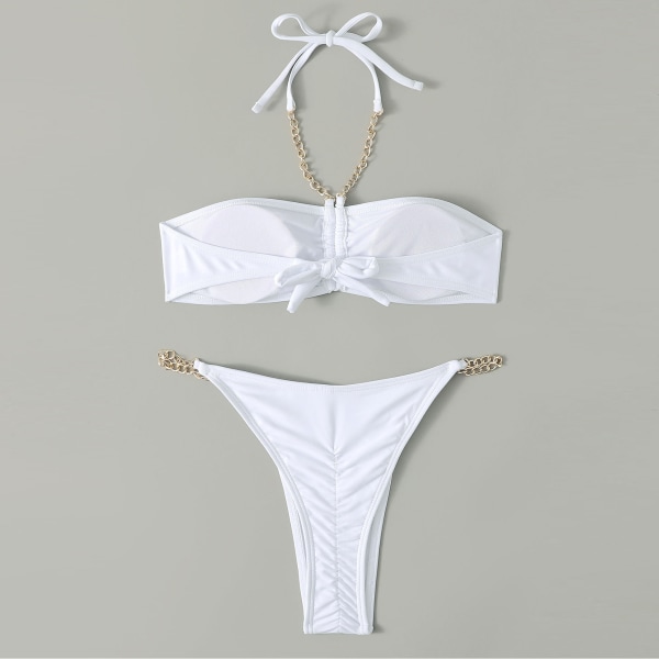 2-delt bikinisett med gullkjede-stropper og push-up for kvinner, hvitt, M