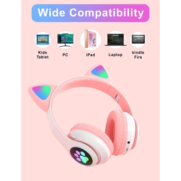 Rosa-Bluetooth-hörlurar hopfällbara med LED-ljus-Lila Trådlösa Over-Ear-hörlurar med mikrofon, Bluetooth Cat Ear-hörlurar för barn Tonåringar Adu Pink