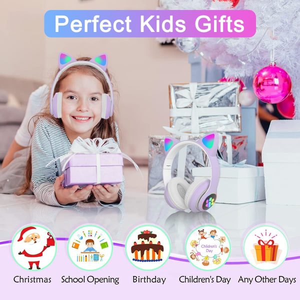 Lilla-Bluetooth-hovedtelefoner, der kan foldes med LED-lys-Lilla Trådløse Over-Ear-hovedtelefoner med mikrofon, Bluetooth Cat Ear-hovedtelefoner til børn Teenagere A Purple