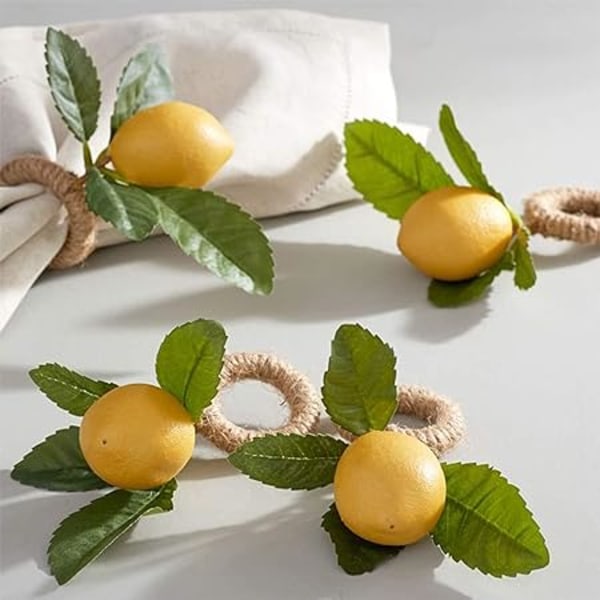 Håndlavede servietringe (citron) Sæt med 4, gul imiteret citron med vinservietring til bryllup, middagsselskab, banket, serviet til jul, Thanksgivi