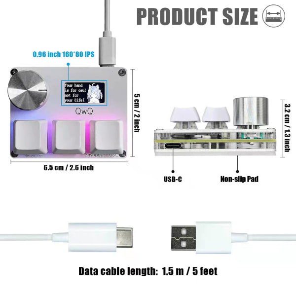 SayoDevice OSU O3C Quick Trigger Hall Switch Magnetic Linear Switch Tangentbord med ratt och skärm, copy-paste, genvägstangenter White-3 keys