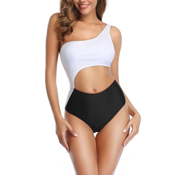 Women One Piece One Shoulder Bikini Colorblock High Cut Waist Fashion for Beach Pool Parties White S