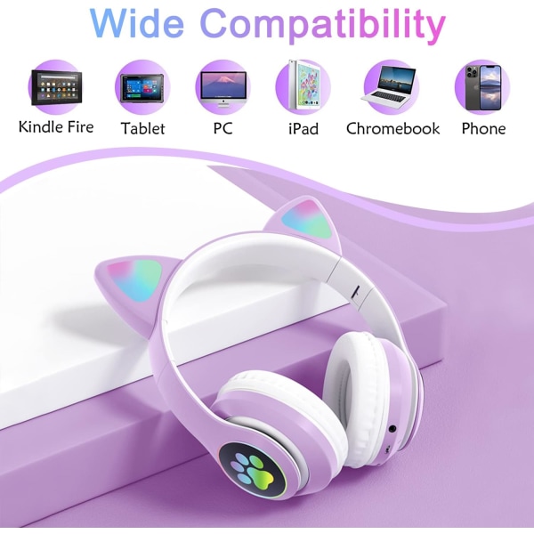 Purppura-Bluetooth-kuulokkeet taitettavat LED-valolla - Violetti Langattomat korvakuulokkeet mikrofonilla, Bluetooth Cat-korvakuulokkeet lapsille Teens A Purple