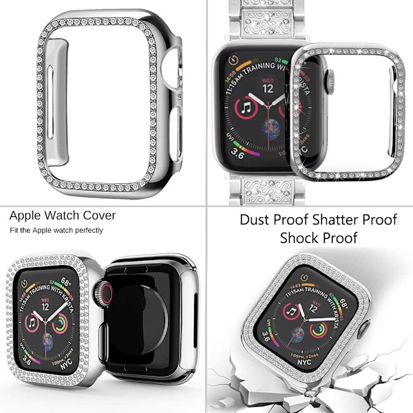 Kompatibel med Apple Watch-reim 42 mm med etui, metall strassarmbånd med Bling PC-etui for iWatch Series 3/2/1 (sølv)