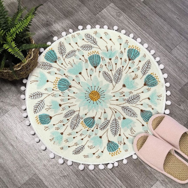 Liten rund matte 2' Sirkel Søt Badematte med dusker Frynser Blomsterplanter Baderomsmatte Vaskbar Myk, sklisikker rund matte Matte for Dusj Vask Servantrom