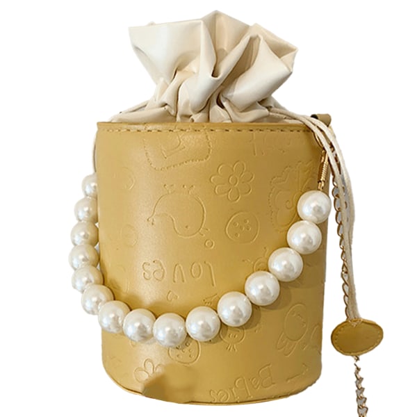 Bøtteveske med snøring Retro Fasjonabel Elegant PU Leather Pearl Chain Skulderveske for Dating Gul Gratis Størrelse