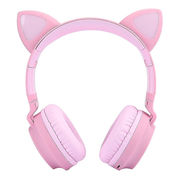 Bluetooth 5.0 Kattöron Hörlurar - Rosa, LED, Brusreducering, Stöd för Minneskort