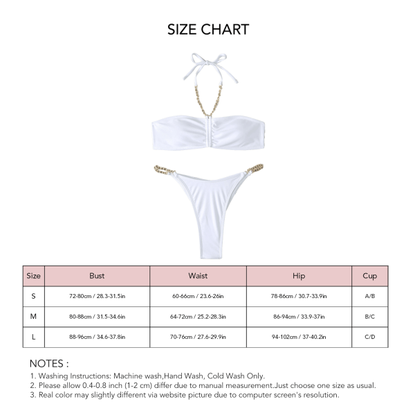 2-delt bikinisett med gullkjede-stropper og push-up for kvinner, hvitt, M