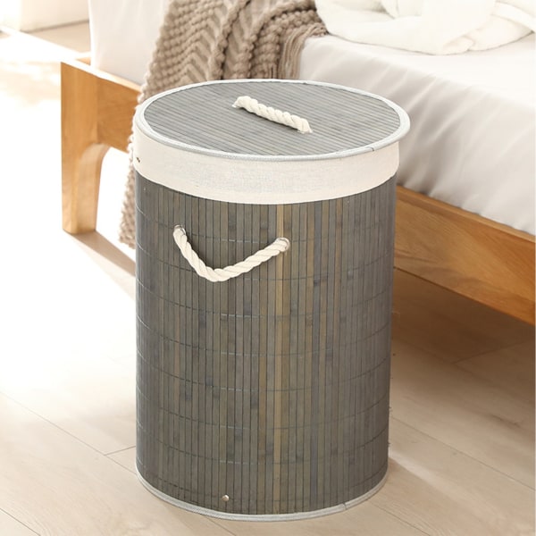 Sammenleggbar klesvaskurv handlekurv bambus stor kapasitet skittentøy oppbevaringsbøtte for hjem 1.0 grå rund