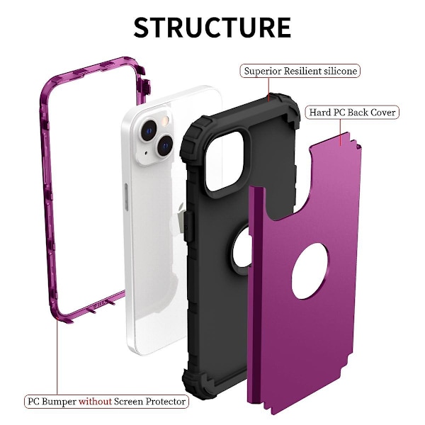 Silikon Hybrid PC-deksel for iPhone 15 Svart Purple