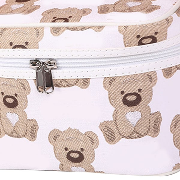 Bærbar makeuptaske Sødt bjørnemønster PU kosmetiktaske med stor kapacitet til udendørs rejser Hvid firkantet fri størrelse