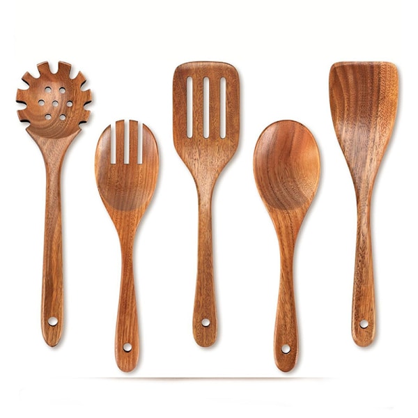 Wooden Spoons for Cooking, 5 Pcs Wooden Cooking Utensils Teak Wood Kitchen Utensil Set, Wooden Teak Kitchen Spoons A