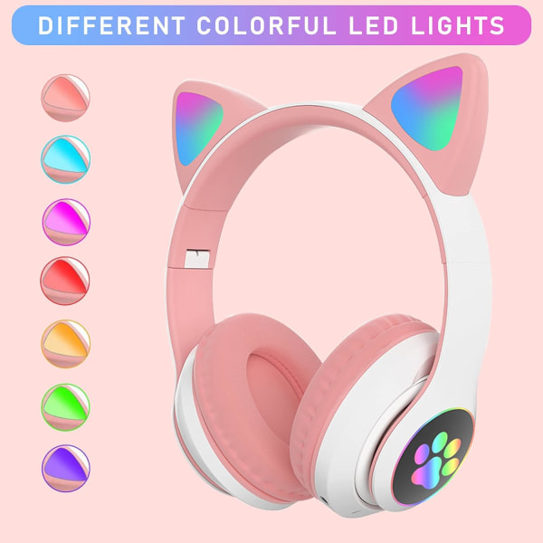 Pink-Bluetooth-hovedtelefoner, der kan foldes med LED-lys-lilla trådløse over-ear-hovedtelefoner med mikrofon, Bluetooth Cat Ear-hovedtelefoner til børn Teenagere Adu Pink