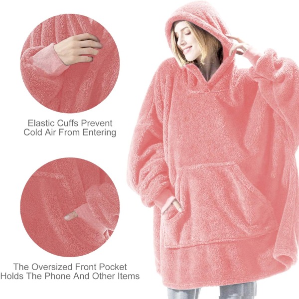 Hoodiefilt, Oversized Sherpa Hoodie, Bärbar Hoodie Sweatshirt Filt, Super Soft Warm Mysig filt Hoodie, One Size Passar Alla Vuxna pink