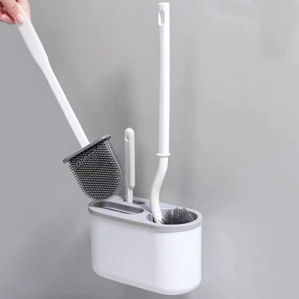 4-delt toalettbørste sett punch-fri veggmontert toalettbørsteholder med 3 børster for baderom hvit