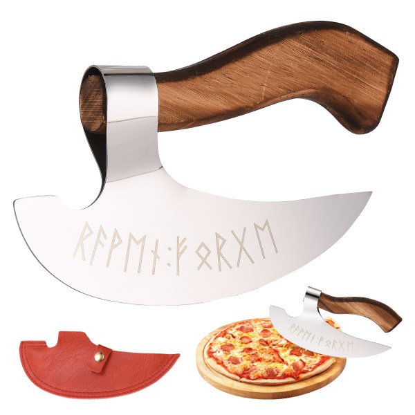 Vikinge Hatchet Håndlavet Pizzaskærer Rustfrit Stål (Lille med Læderskede) (14cm)