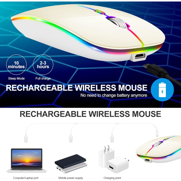 Uppladdningsbar Bluetooth -mus för MacBook/MacBook air/ Pro/iPad, BT5.1+ USB trådlös mus för bärbar dator/notebook/pc/iPad/Chromebook (LED/Ivory White)