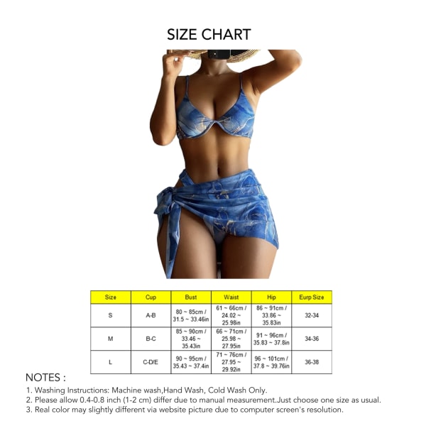 Naisten uimapuku 3 osaa spagettiolkaimet painettu korkea leikkaus peite bikini uimapuku sarong sininen S