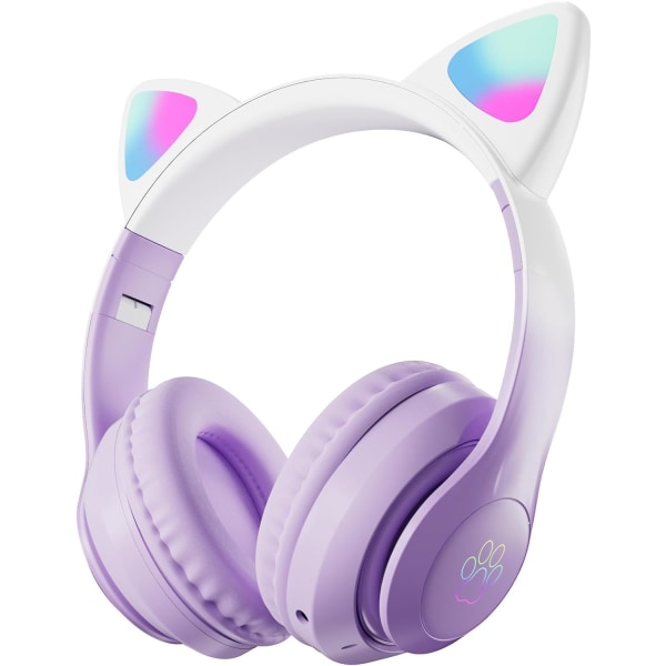 Purppura-lasten kuulokkeet, langattomat Bluetooth kuulokkeet lapsille teini-ikäisille aikuisille, over-ear Bluetooth kuulokkeet mikrofonilla, kissan korvakuulokkeet Girille Purple