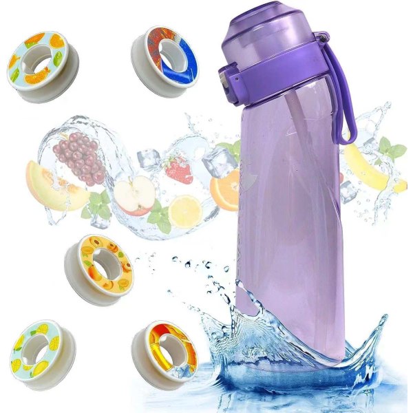 Sports Air Flavor Pods Vannflaskesett, 650 ML Frukt Scent Up Drikkeflaske med 5 Flavor Pods, BPA Free%0 Sugar Sports Water Cup Transparent lila +5 ringar