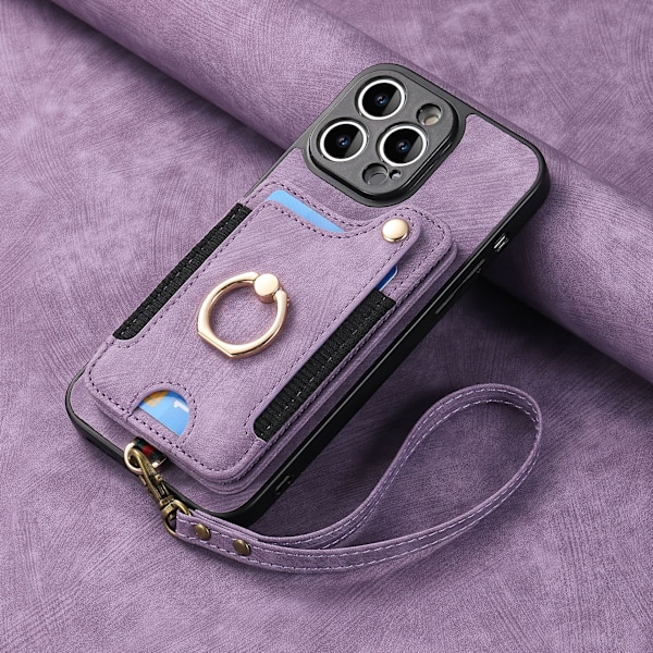 Etui i skinn til iPhone med RFID-beskyttelse, anti-tyveri børste ring spenne lanyard multifunksjons kortholder Light Purple [With Leather Lanyard]] iPhone 13 Pro