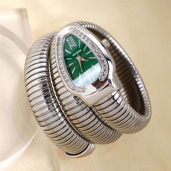 BIFANXI ormklocka, modearmbandsklocka för kvinnor, kreativ kvartsklocka silver, grön urtavla