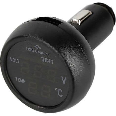 Digital bilvoltmeter-termometer. USB-lader. Sigarettenneruttak. 3 i 1
