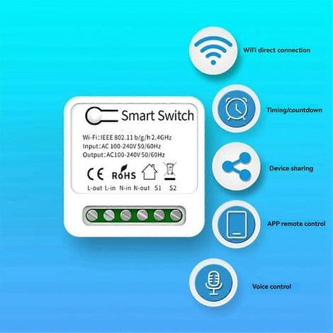 Smartbryter. WiFi. Dobbel kanal. DC 5V-48V og 1-250V relé. Ideell for belysning og