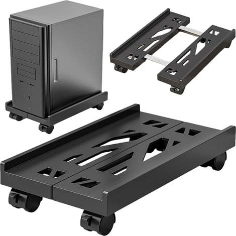 Justerbart PC-stativ under skrivebord – Høyde 20 til 30 cm – Maks belastning 30 kg – 4 svingbare ABS-hjul – Optimal ventilasjon