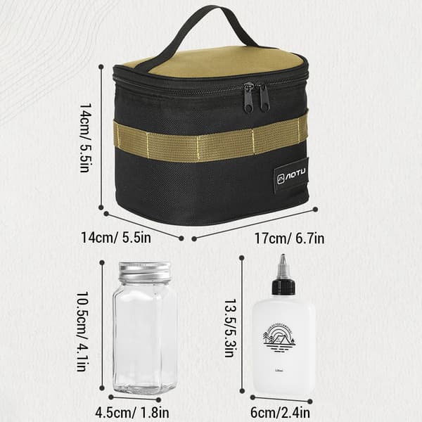 Bärbart campingkryddset med glas- och plastflaskor och förvaringsväska