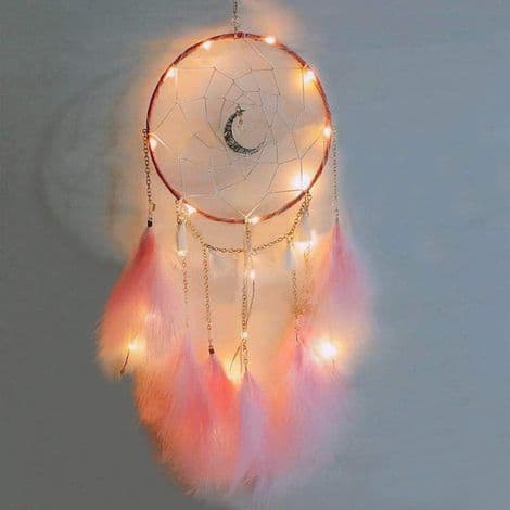 Drømmefanger - Med LED-lys - Bohemsk Veggdekorasjon - Til Jenterom - Diameter 15 cm, Total Lengde 48 cm - Rosa